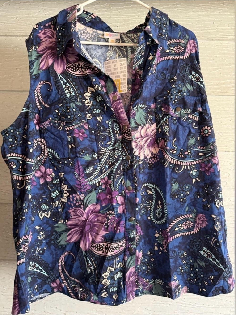 LuLaRoe Navy and Purple Floral Paisley Sleeveless Button-Up